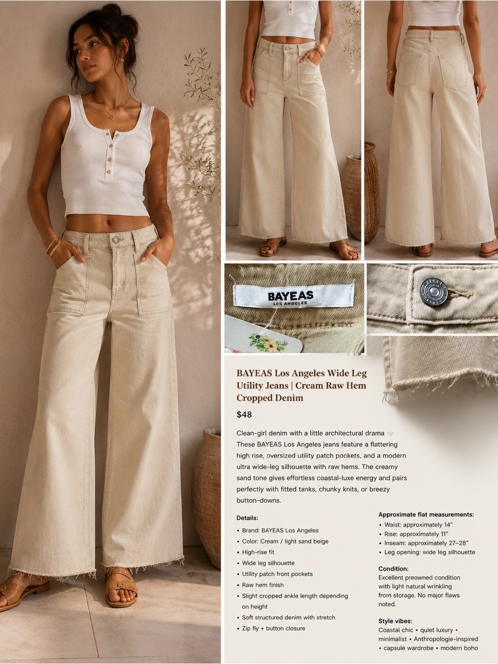 BAYEAS Los Angeles Wide Leg Utility Jeans | Cream Raw Hem Cropped Denim
